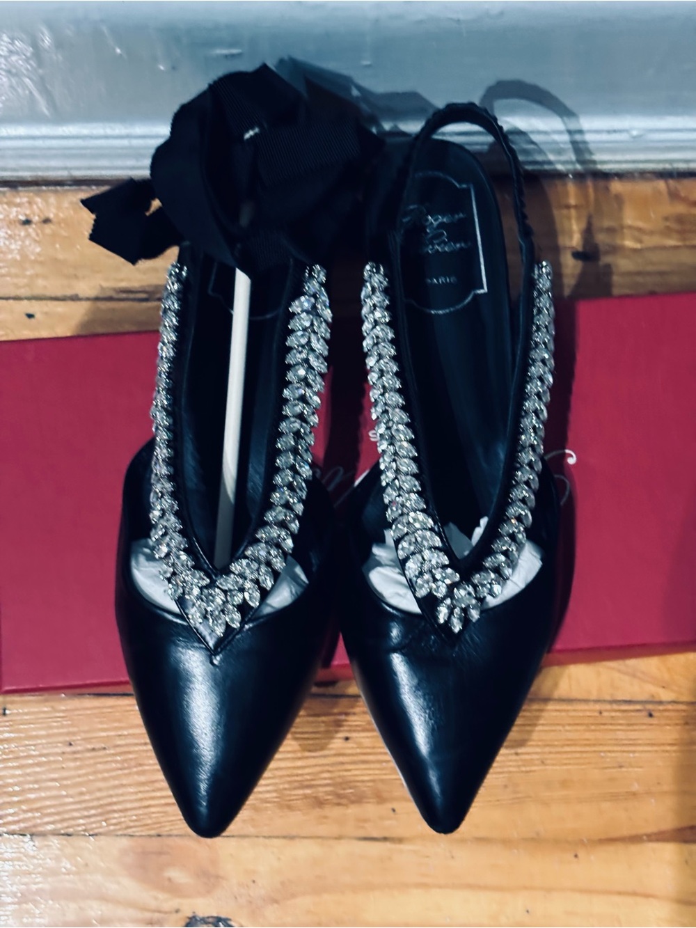 Roger Vivier Black Slingback Pointed Toe Sandals with Crystal Trim